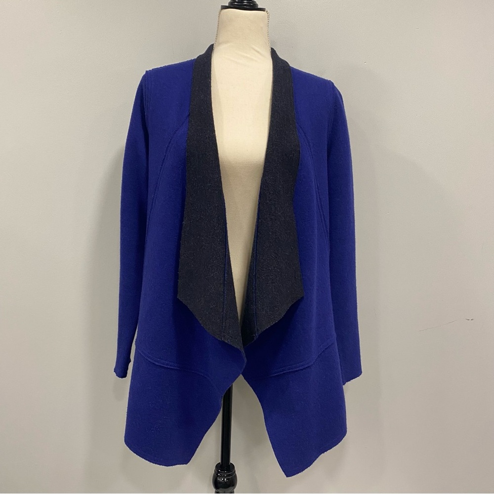 Eileen Fisher S Blue Felted Merino Wool Open Front Long Sleeve Cardigan Sweater